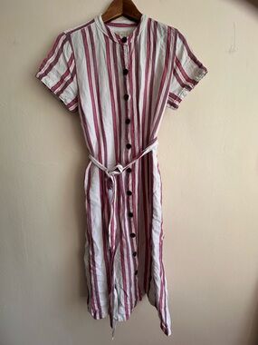 LOFT Striped Linen Blend Button Front Midi Dress – Effortless Summer / Euro